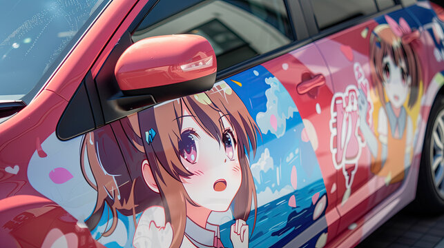 Photo of a car front door wrapped with anime girl themed decoration