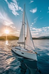 Fototapeta premium Luxury Yacht Sailing into the Sunset A Picture of Tranquility and Adventure on the Open Sea