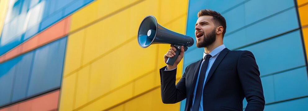 Young businessman holding loudspeaker outdoors for company announcement infront of office building. Shouting in megaphone banner, Concept of business employment and profession