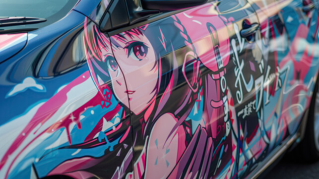 Geek car front door wrapped with anime girl style design
