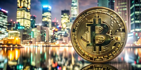 Fototapeta premium Golden Bitcoin with Copy Space - Futuristic Cityscape Background, Glowing Neon Lights, Cyberpunk Style, Digital Currency Concept, High Contrast, Vibrant Colors