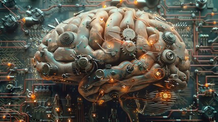 Obraz premium Cybernetic Brain: Fusion of Mechanical Gears, Robotic Circuits, and Neural Pathways