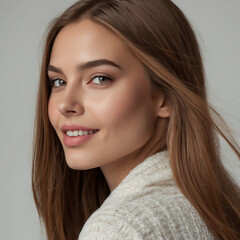 Naklejka premium Close-Up Portrait of a Smiling Young Woman with Long Brown Hair and Flawless Skin