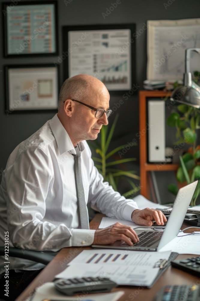 Poster a person sitting at a desk with a laptop open, possibly doing work or staying connected