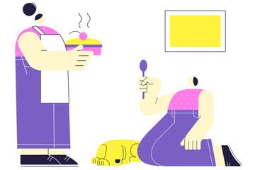 Son on knees waiting for food brought by mom