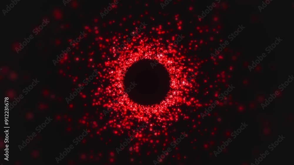 Poster video animation of red particles in a tunnel on a dark background - abstract background.