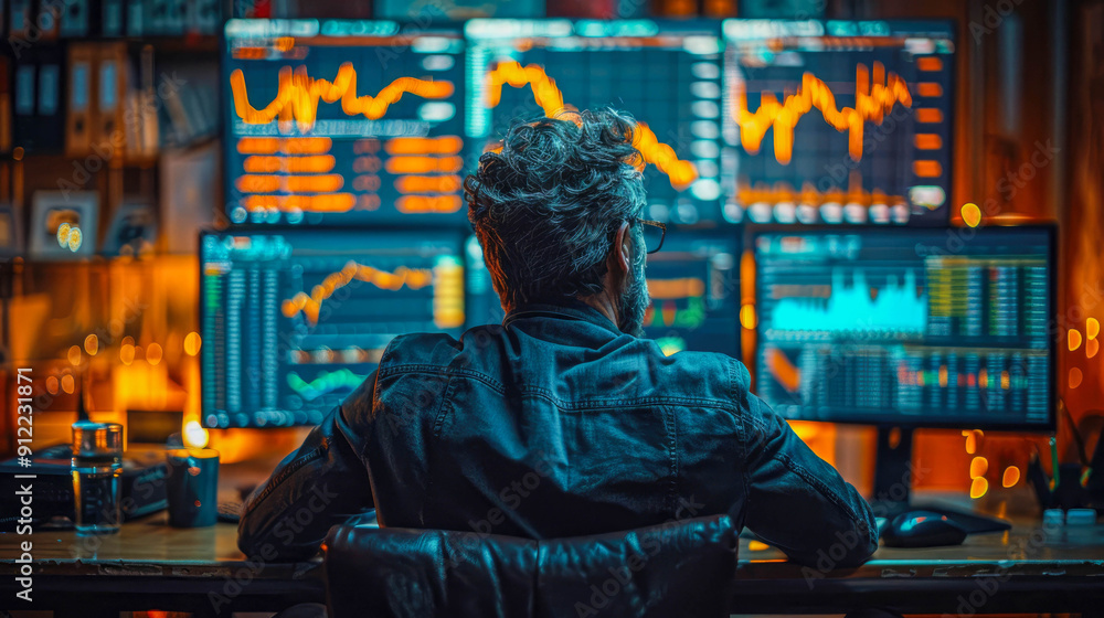 Poster stock trader working late, illuminated by city lights through a large window