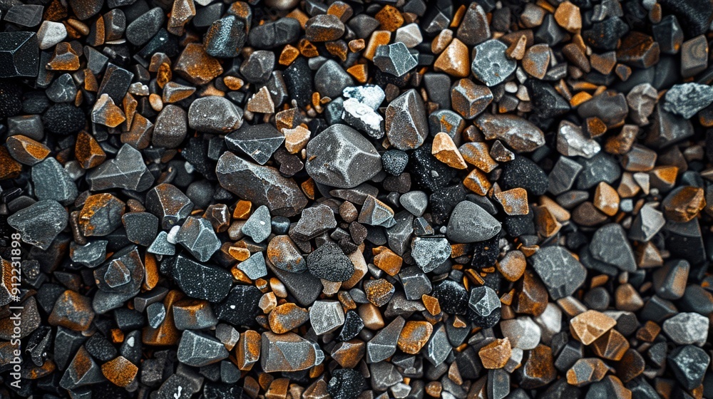 Poster a close-up shot of a pile of rocks and gravel, suitable for use in environmental or geological conte