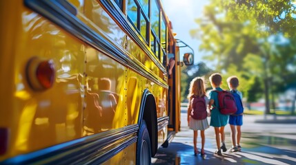 Yellow school bus, bright daylight, blurred suburban street background, children boarding the bus, vibrant and cheerful colors, artistic emphasis on the bus shiny surface, mood of excitement and