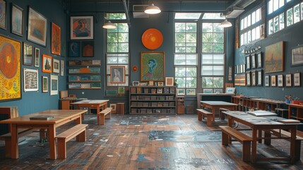 Art Classroom with Student Artwork Displayed