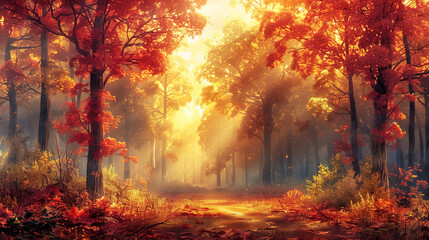 Autumn forest with falling red leaves
