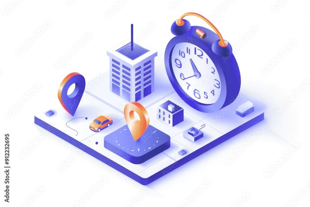 Poster A car on a map with a clock, representing navigation or planning