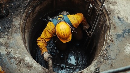 Worker descending into a manhole, showcasing maintenance and repair