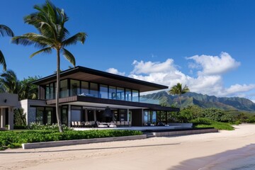 Fototapeta premium A beachside residence with stunning mountain views