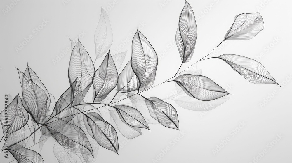 Poster elegant and minimalist stem and leaf designs created with fine line art in a monochrome grayscale co