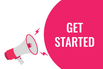 get started button, banner, label, template for website. get started text with colorful megaphone icon
