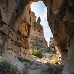 A narrow passage through towering rock formations with a glimpse of blue sky above.