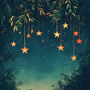 An illustration of sparkling stars and bamboo decorations for Tanabata festival.