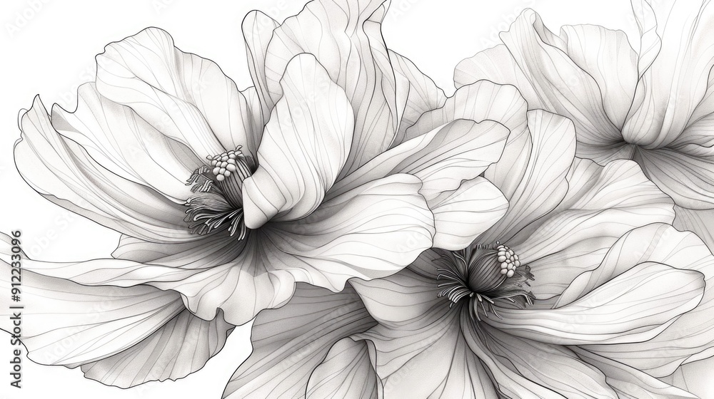 Poster delicate botanical flower outlines with intricate monochrome patterns and line art elegant graceful 