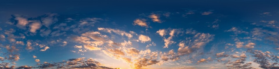 Sunset sky with bright glowing pink Cirrus clouds. Seamless spherical HDR 360 panorama. Full zenith or sky dome in 3D, sky replacement for aerial drone panoramas. Climate and weather change.