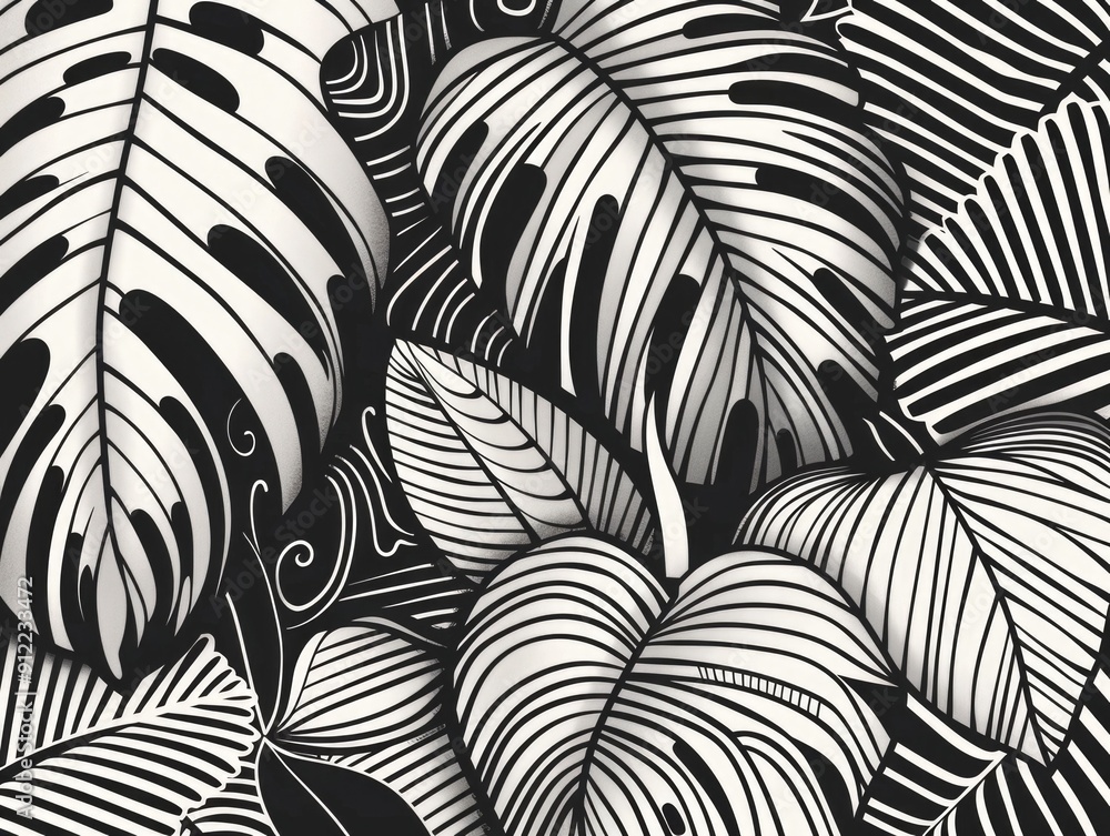 Poster striking abstract line art design featuring a composition of tropical leaves with flowing swirling p