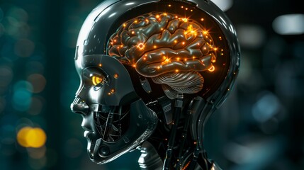 Fototapeta premium Futuristic Robot Head Showing Glowing Brain Inside, Artificial Intelligence Concept
