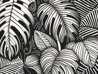 Striking abstract line art design featuring a composition of tropical leaves with flowing swirling patterns and minimal geometric elements  This monochrome