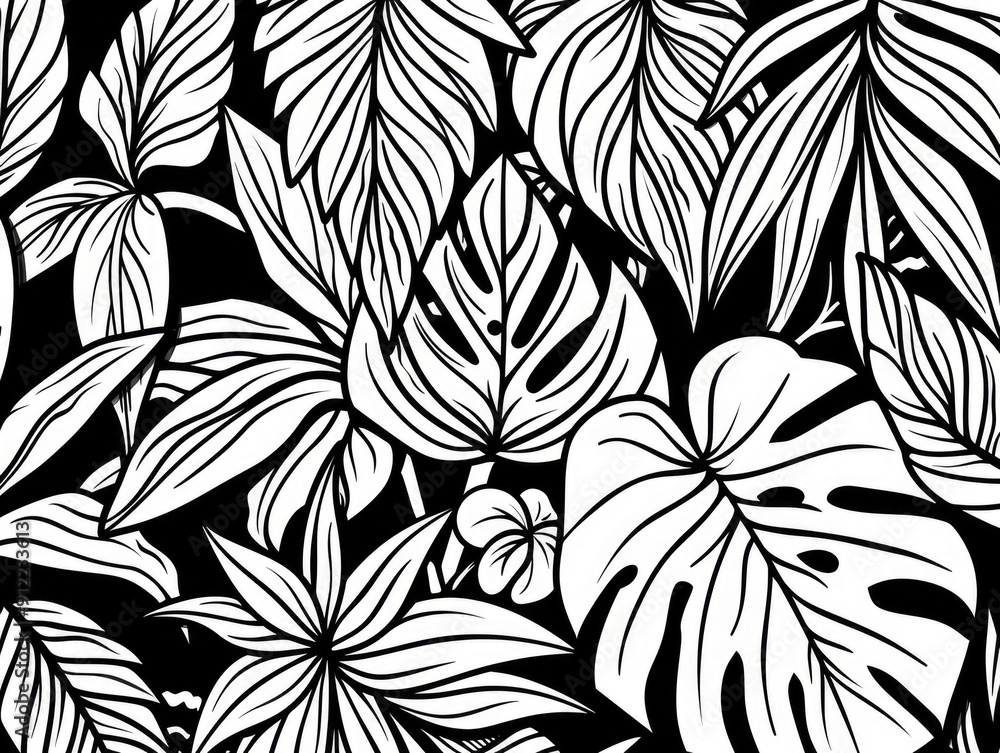 Sticker Elegant and stylized tropical leaves and foliage line art with abstract repeating patterns in a modern minimalist monochrome design