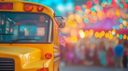 Yellow school bus, warm afternoon light, blurred festival background, colorful tents and...