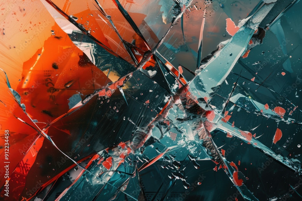 Poster a close-up shot of a broken glass window with red and blue paint splattered on it
