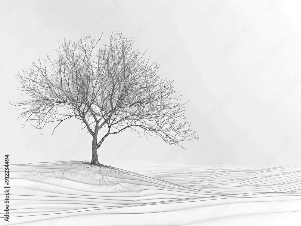 Poster minimalist line art of a bare tree silhouette set against a simple desolate winter landscape with a 