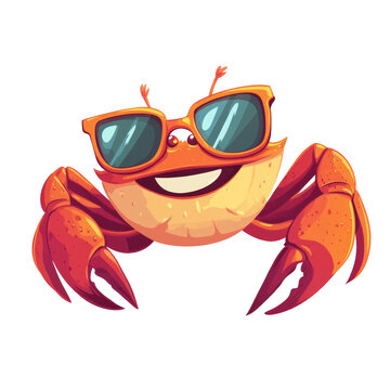 recommend clip art: Cartoon crab wearing sunglasses, smiling, isolated on black.