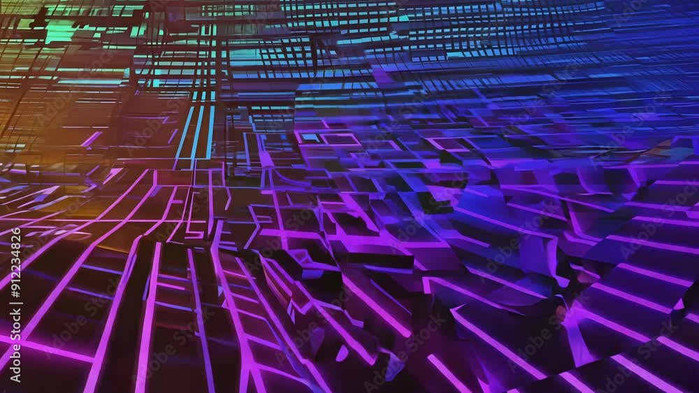 Poster vibrant neon light patterns intersect a digital grid, creating an engaging visual effect in a dynami