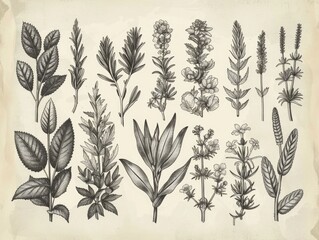 Vintage inspired botanical line art showcasing a collection of detailed etch engravings and woodcut style drawings of various plant species  leaves  herbs  and other natural flora in a classic