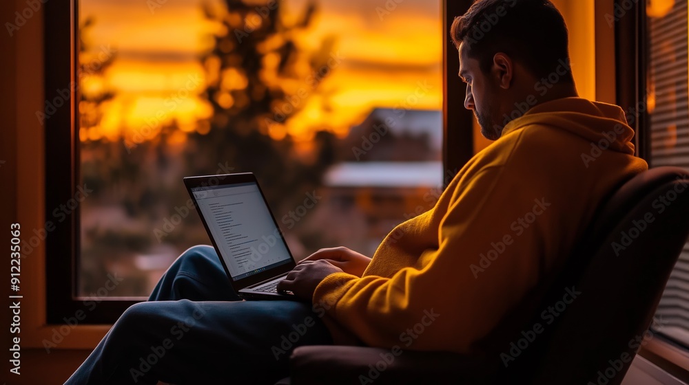 Poster a man is sitting in a chair with a laptop open in front of him. he is typing on the keyboard and loo