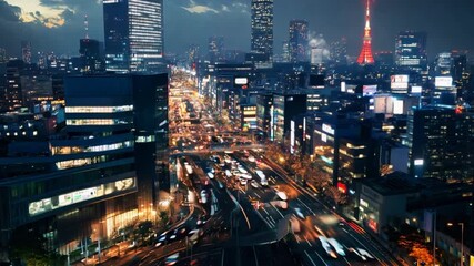 Time lapse video real night city center in South tokyo photorealistic hyperrealistic realistic,vidio 4k