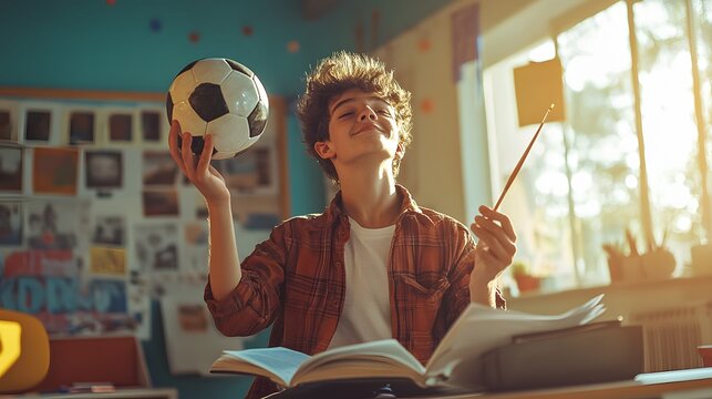 Student juggling a soccer ball, holding a paintbrush, open textbook on a desk, bright afternoon light, vibrant classroom background, artistic focus on multitasking, dynamic and lively composition,