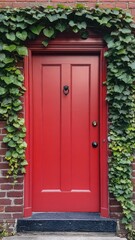 Red door on brick wall with Climbing plant, green ivy or vine plant growing on antique brick wall of house,English architecture,luxury building,empty grunge urban street with warehouse brick wall.