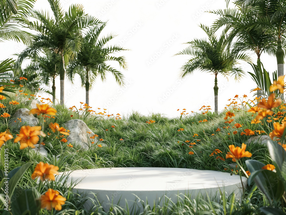 Poster empty round podium with palm trees and flowers displaying summer product