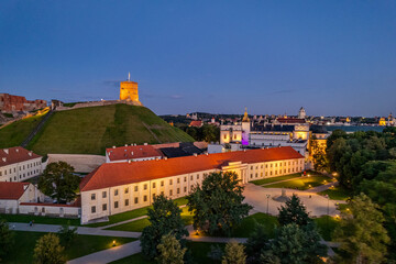 Aerial summer night view of Gediminas Castle Tower, Vilnius old town, Lithuania