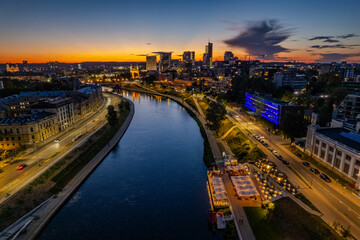 Fototapeta premium Aerial summer night view of Vilnius old town, Lithuania