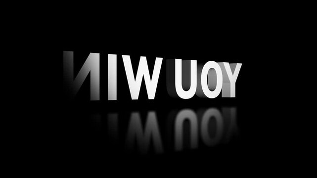 You win celebration first place text 3D shiny silver chrome writing letter block animation spinning turning on black dark background light shadows reflection typography font