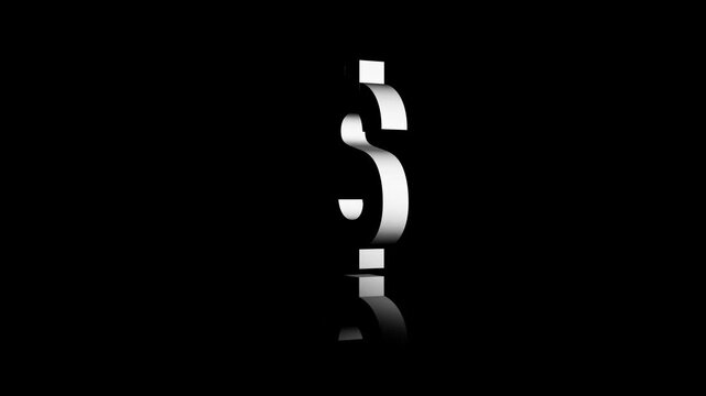 Text 3D shiny silver chrome writing letter block animation spinning dollar sign money currency on black dark background light shadows reflection typography font $