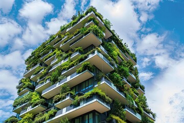 Obraz premium A green building with vertical gardens, featuring balconies filled with lush plants and trees