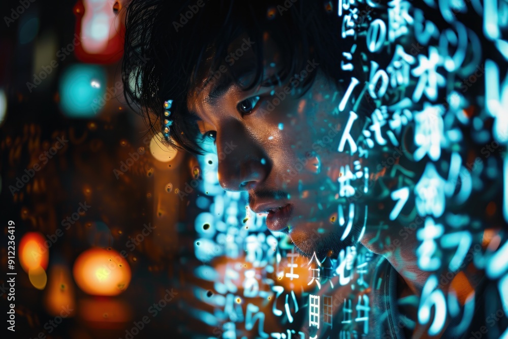 Aufkleber A person examining data on a screen with numeric projections