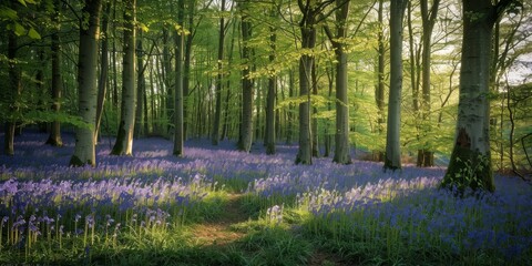 Serene Spring Forest: Vibrant Bluebells in Bloom Amidst Trees and Green Foliage, Bathed in Sunlight, Creating a Peaceful and Scenic Natural Landscape