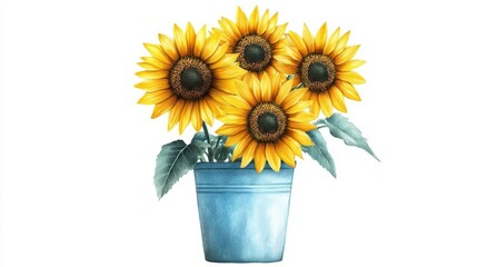 Cluster of Sunflowers in Blue Pot Isolated