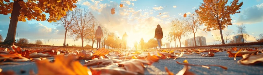 Autumn Walkway with Falling Leaves at Sunset