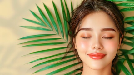 Naklejka premium Relaxed woman with palm leaves background