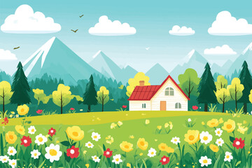 vector illustration of a green meadow with trees flowers and mountains in the background